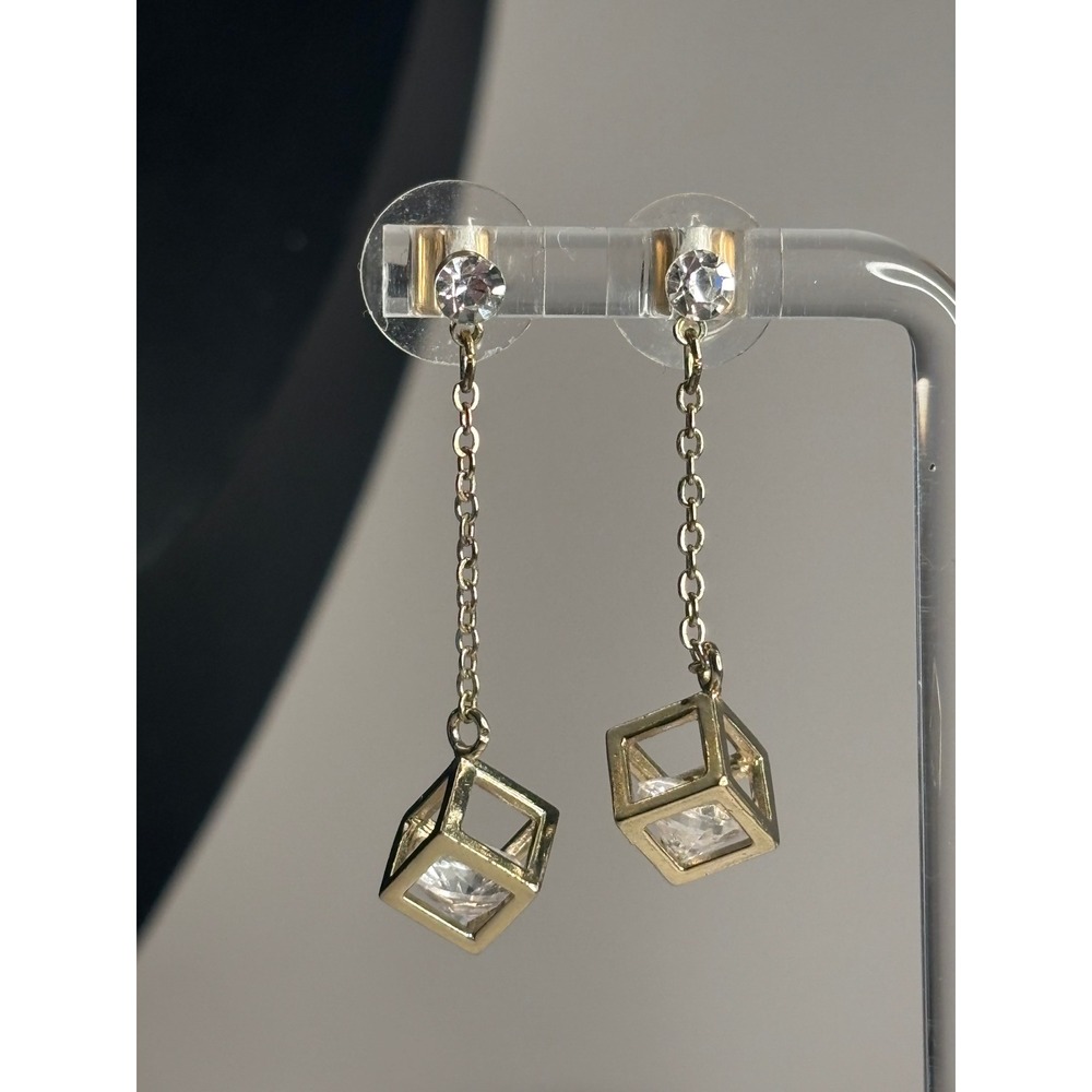 Vintage Geometric Cube Drop Gold Tone Earrings Clear Crystal Dangle Rhinestone - Picture 1 of 2